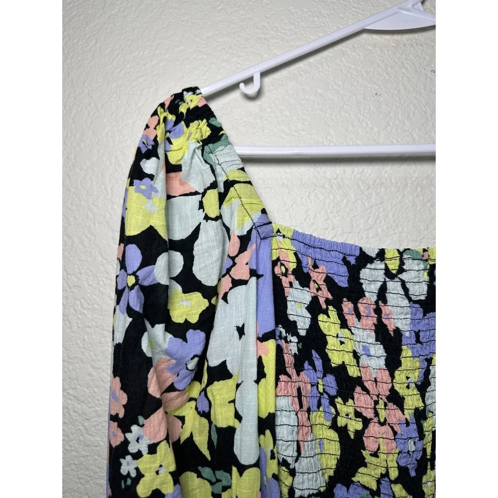 Free People Smocked Floral Crop Top Square Neck Puff Sleeve Multicolor XS